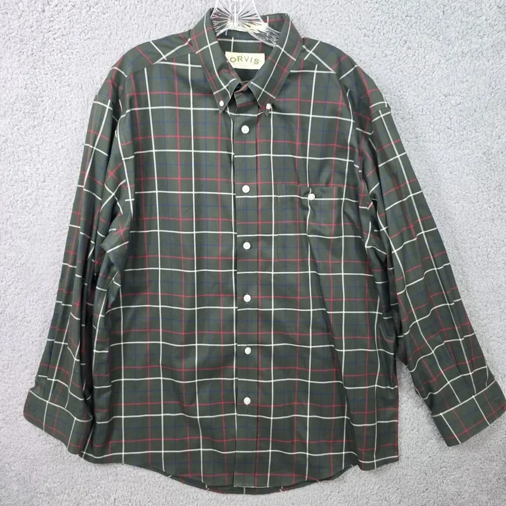 Orvis Men's Green Multi Check Button Down Long Sleeve Cotton Size L